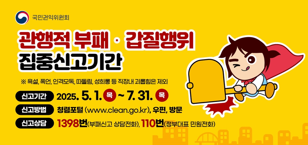 관행적 부패와 갑질행위를 집중신고기간 통해 신고하도록 알림