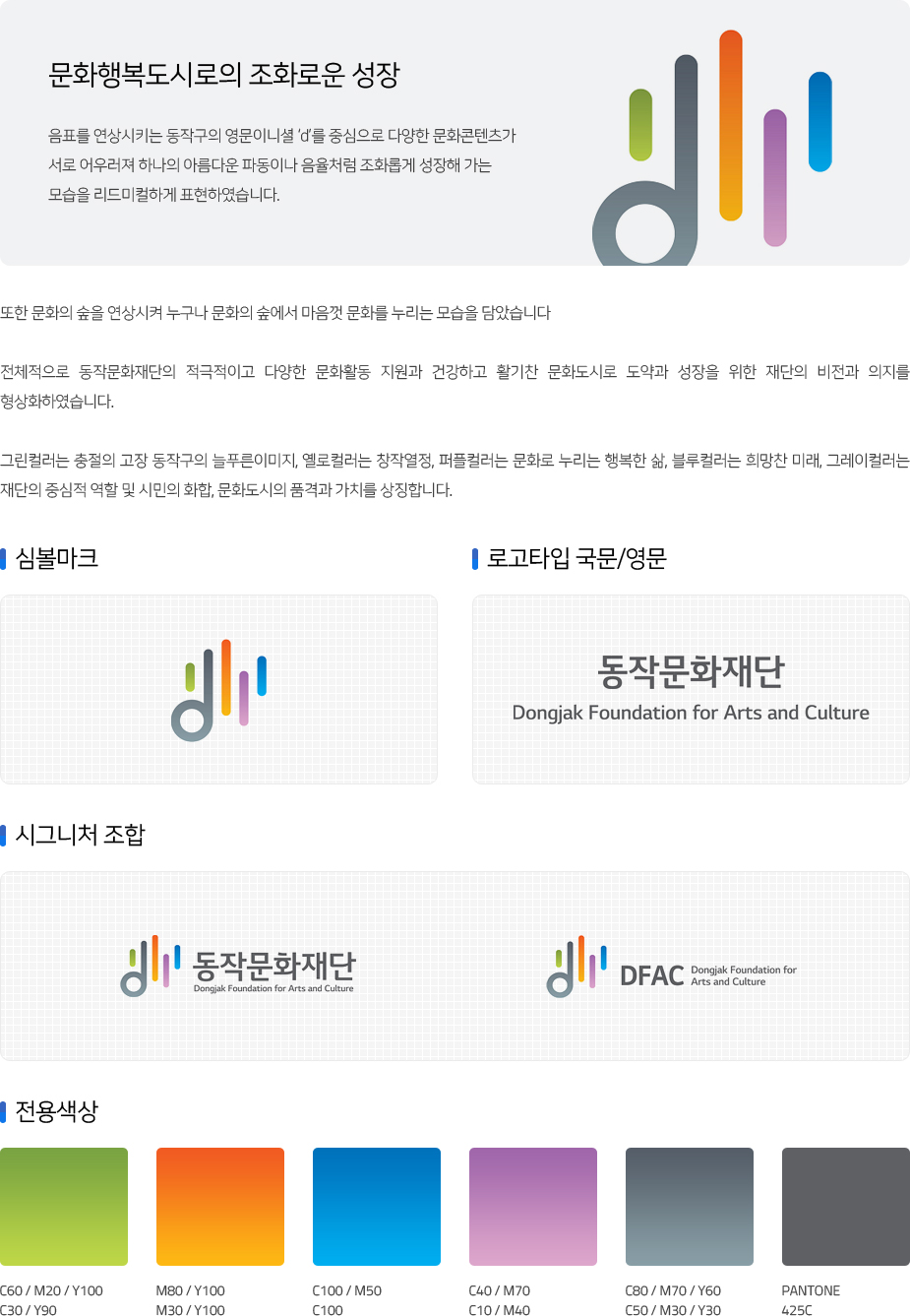 상징(CI) 이미지(문화행복도시로의 조화로운 성장:음표를 연상시키는 동작구의 영문이니셜d를 중심으로 다양한 문화콘텐츠가 서로 어우러져 하나의 아름다운 파동이나 음율처럼 조화롭게 성장해 가는 모습을 리드미컬하게 표현하였습니다, 또한 문화의 숲을 연상시켜 누구나 문화의 숲에서 마음껏 문화를 누리는 모습을 담았습니다. 전체적으로 동작문화재단의 적극적이고 다양한 문화활동 지원과 건강하고 활기찬 문화도시로 도약과 성장을 위한 재단의 비전과 의지를 형상화하였습니다. 그린컬러는 충절의 고장 동작구의 늘푸른이미지, 옐로컬러는 창작열정, 퍼플컬러는 문화로 누리는 행복한 삶, 블루컬러는 희망찬 미래, 그레이컬러는 재단의 중심적 역할 및 시민의 화합, 문화도시의 품격과 가치를 상징합니다.|심볼마크|로고타입 국문/영문|시그니처 조합|전용색상)